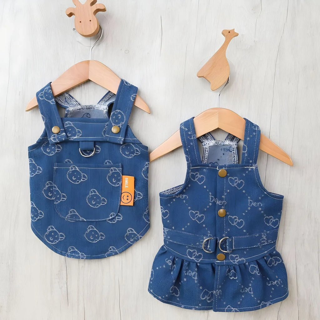 Teddy Bichon small dog wearing thin denim princess dress with bracket skirt style