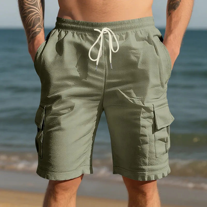 Men's linen blend casual shorts with multiple pockets in light blue colour showing loose-fit design