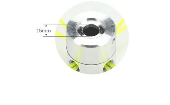Silver aluminium lawn mower grass trimmer head accessory with four light yellow square ropes and a wrench.