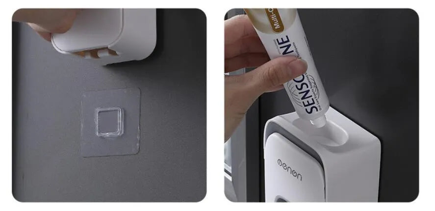 Automatic toothpaste dispenser mounted on bathroom wall in blue colour with touchless sensor