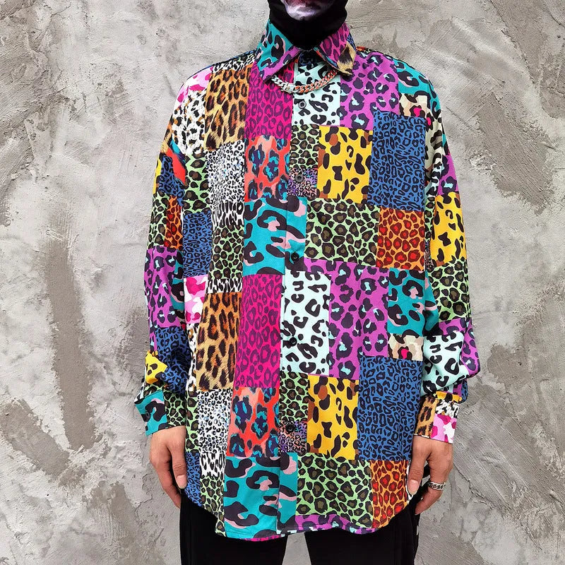 Men's and women's loose flower print long-sleeved check cardigan in polyester, front view