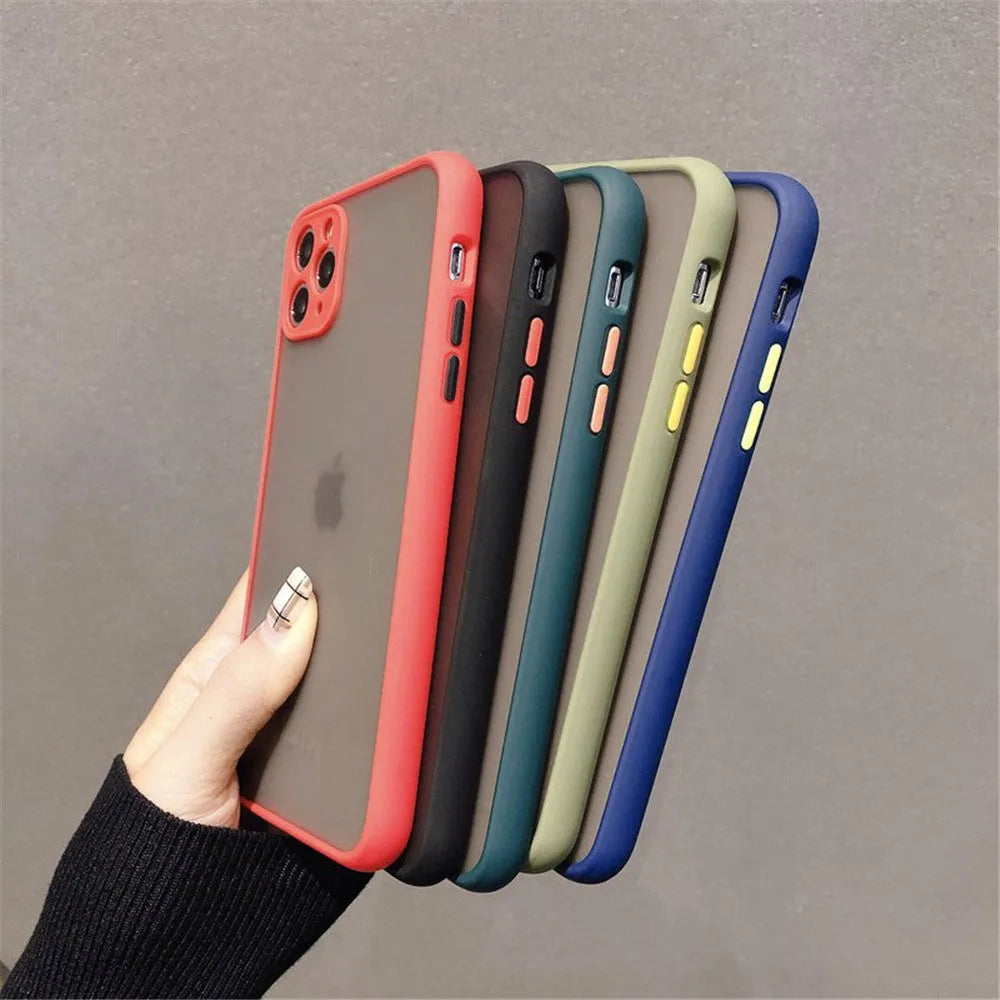 Solid colour hybrid shockproof protective case for iPhone models on a neutral background.