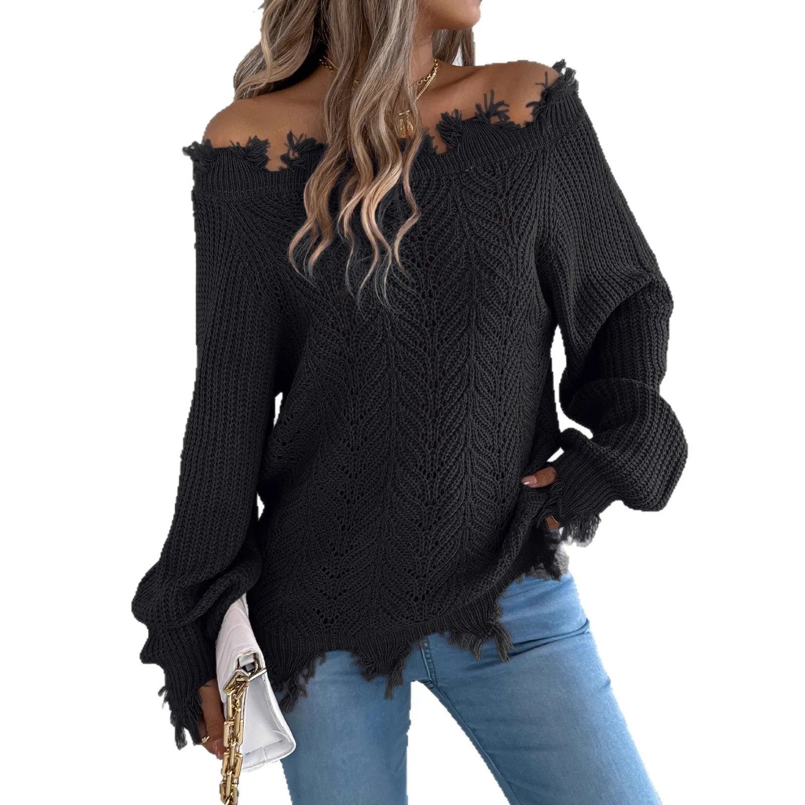 Women's white hollow-out cut off shoulder pullover sweater with long sleeves