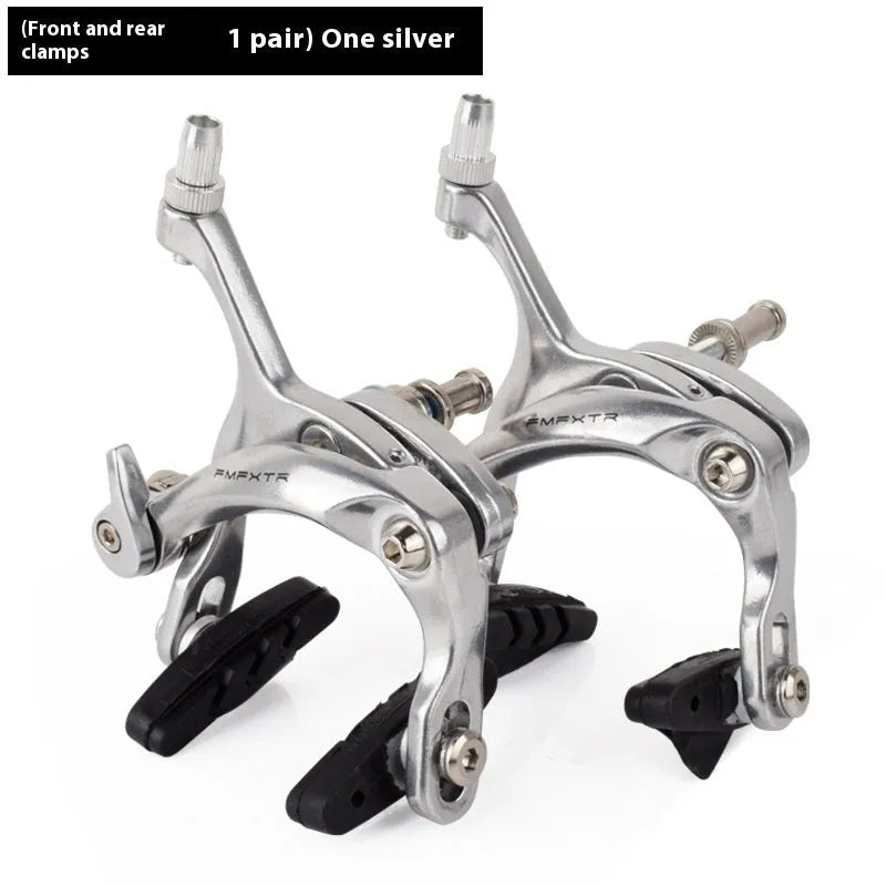 A pair of black and silver metal U-shaped dual-axis bicycle brake calipers