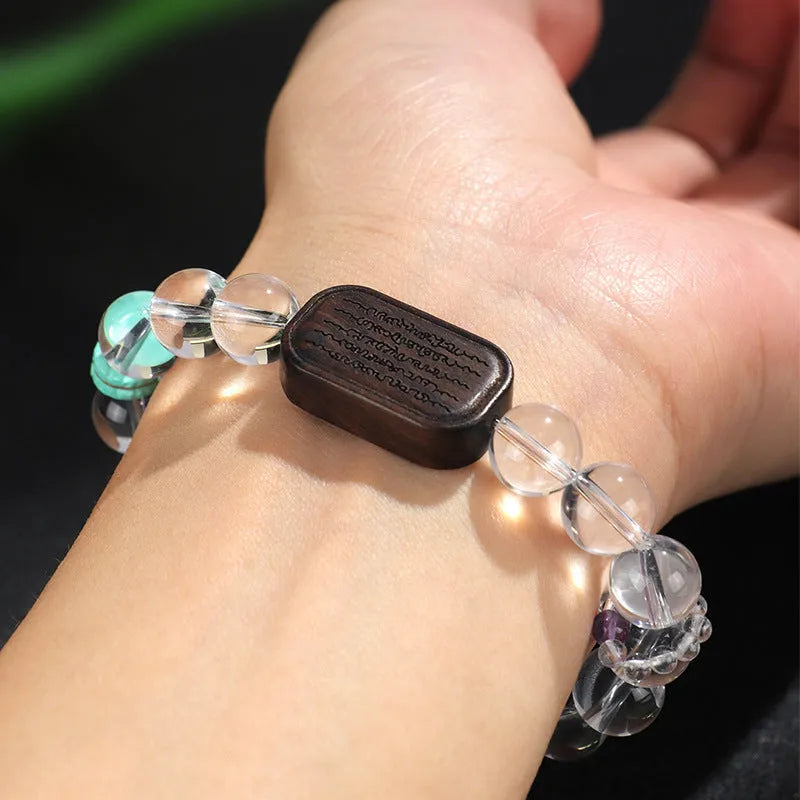 White crystal ebony wooden bracelet with five-warp braiding ethnic design