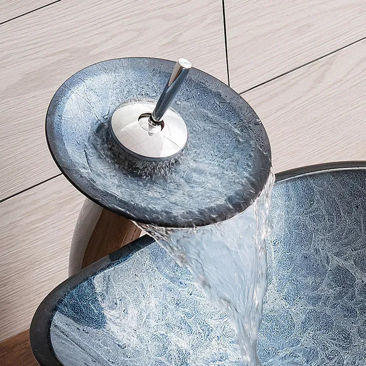Tempered glass table basin with blue-grey foil colour for bathroom installation