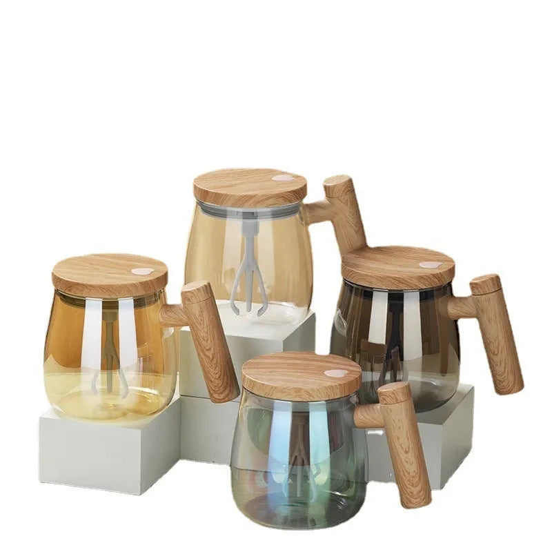 400ml clear borosilicate glass self-stirring electric coffee mug with button.