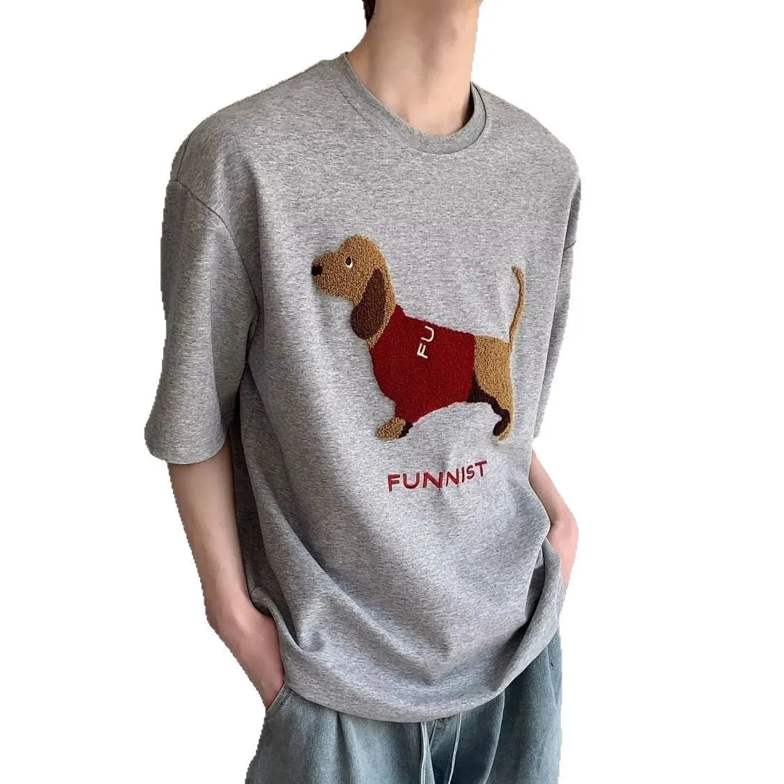 Men's grey cotton T-shirt with an embroidered sausage dog on the chest, showing short sleeves and a round neck.