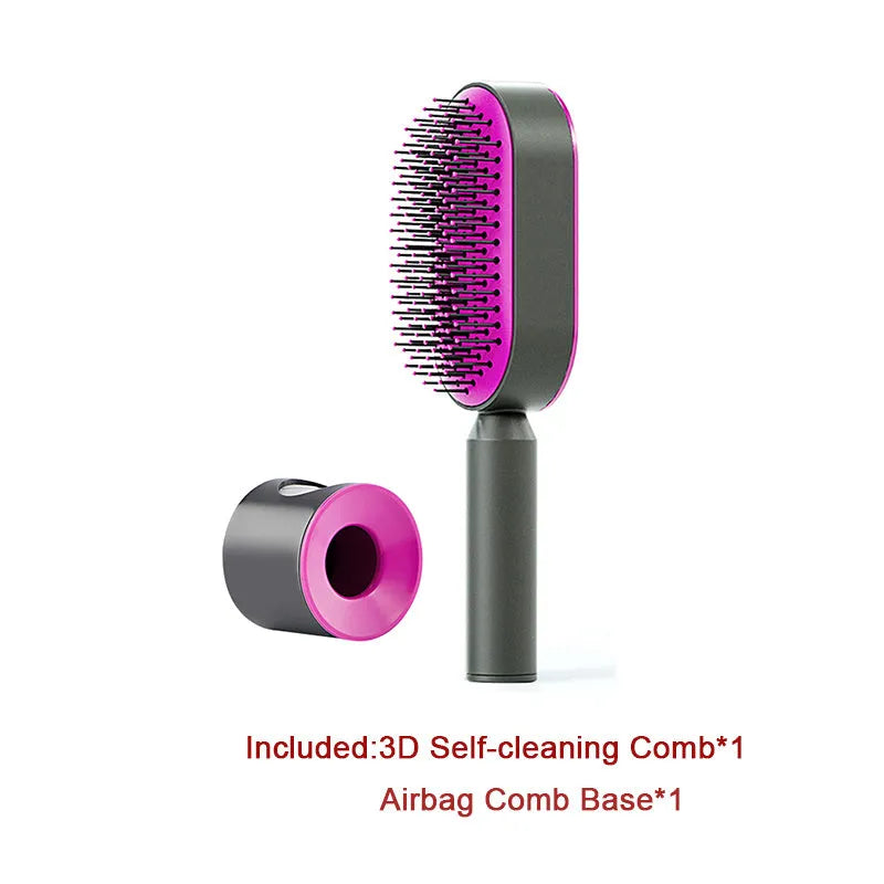 Self-cleaning air cushion hair brush in white, black gold, or black purple with ergonomic handle
