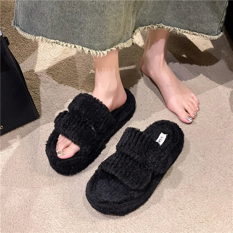 Winter slippers with plush upper, artificial wool lining, rubber sole, round toe, in white black or milk tea colour