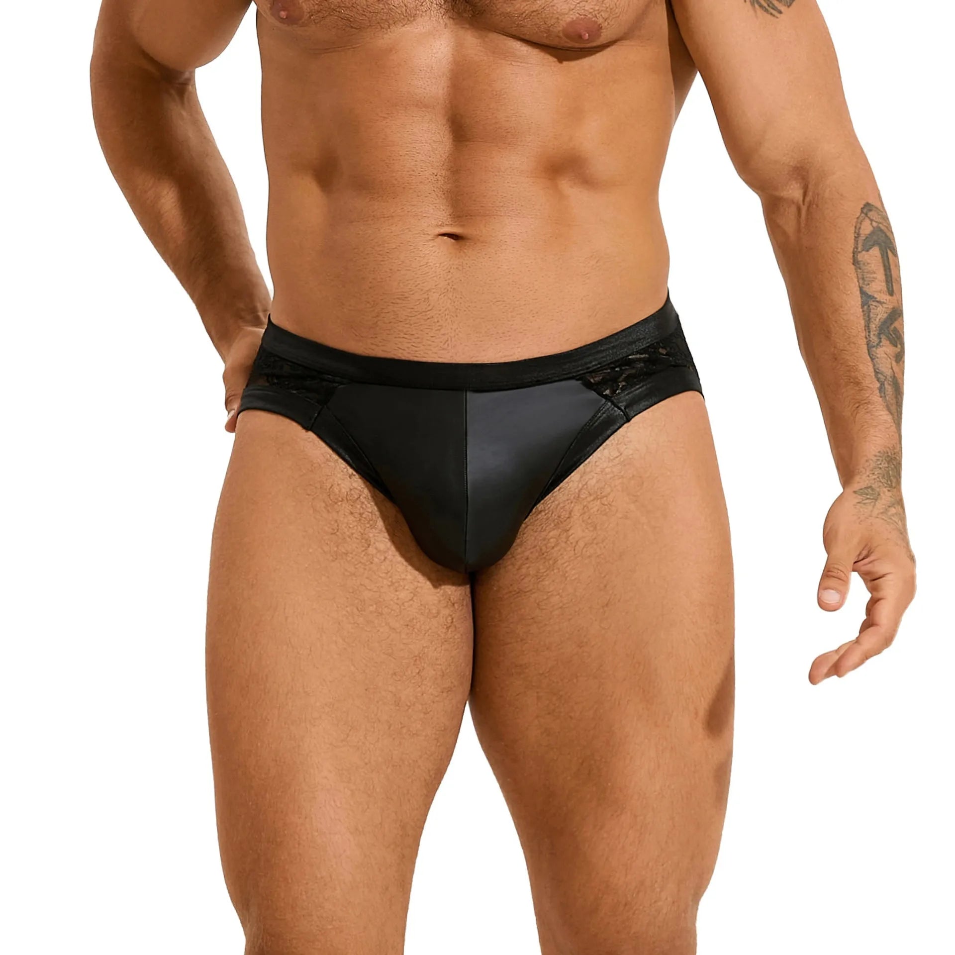 Black men's faux leather briefs with decorative lace trim and visible stitching details