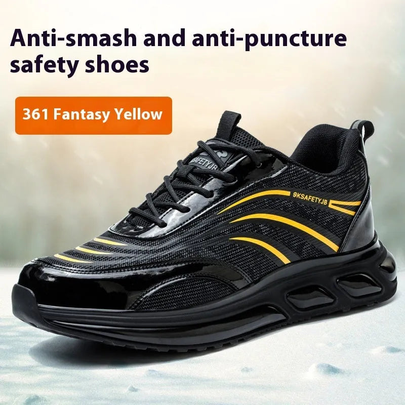Leather upper anti-smashing safety shoe with rubber sole in orange colour on a work site background.