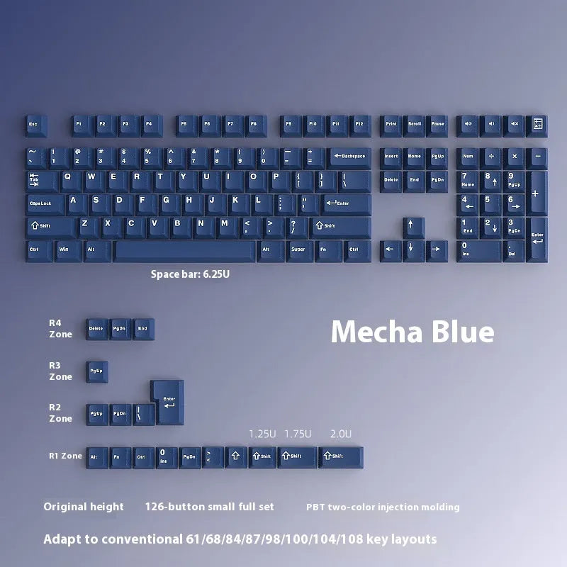 PBT two-tone blue key cap set with carved height profile, measuring 27cm x 17cm x 3cm