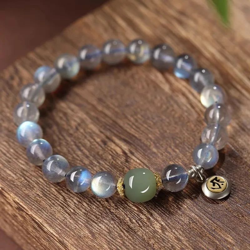 Birth Buddha Beads moonstone bracelet with Thousand-Hand Guanyin Mouse charm and electroplated finish