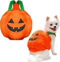 Orange plush pumpkin Halloween costume worn by a small dog, showing pullover design and textured fabric.
