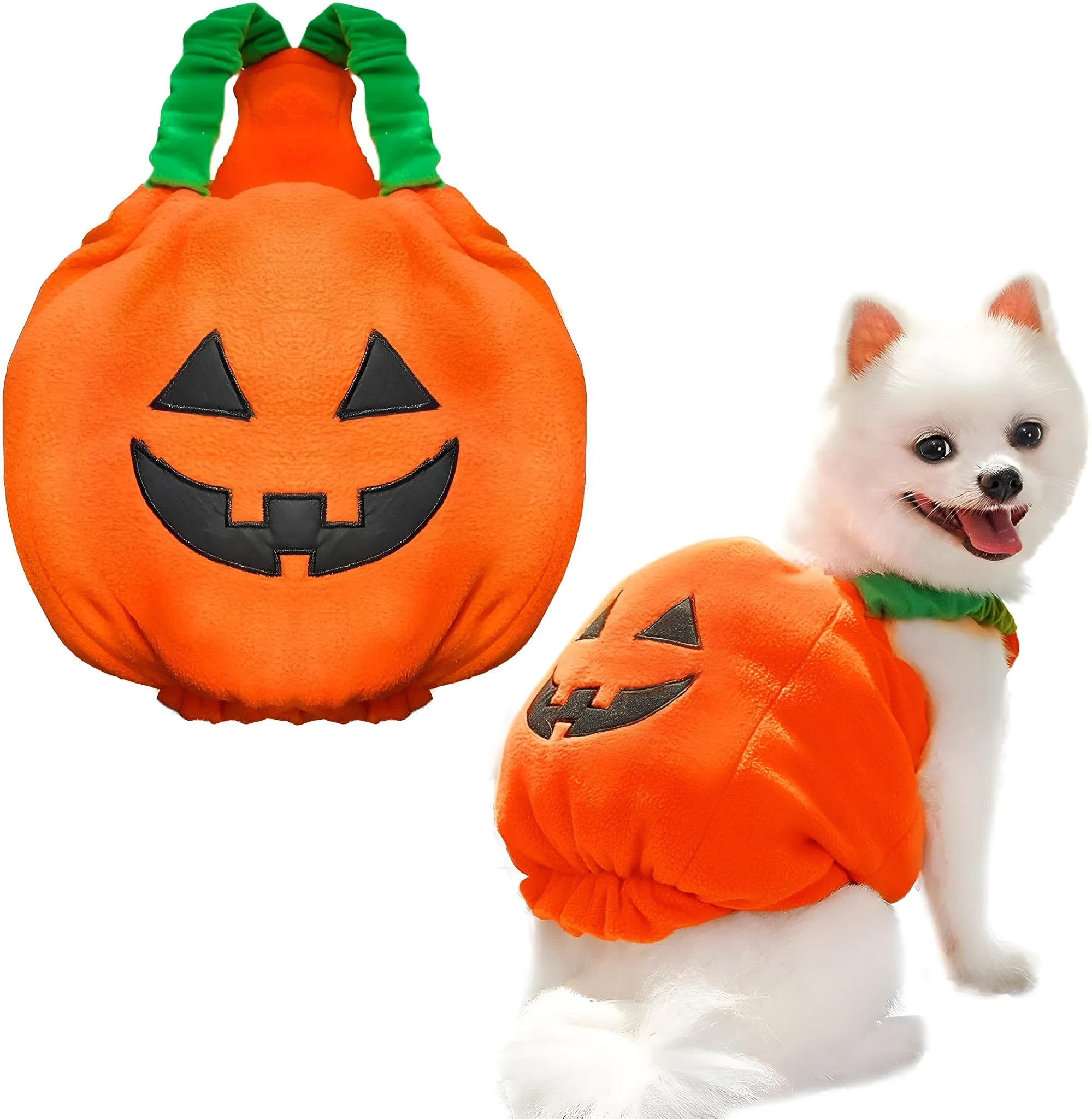 Orange plush pumpkin Halloween costume worn by a small dog, showing pullover design and textured fabric.