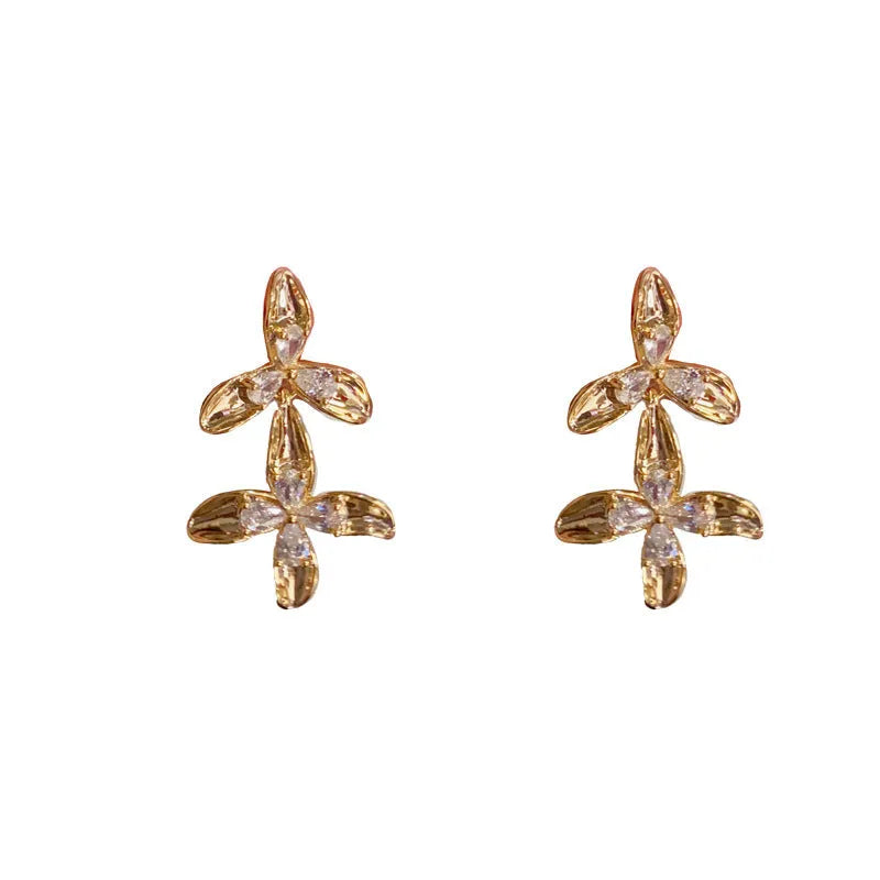 Women's real gold plated copper petal tassel earrings with metal diamond fringe in simple flower shape