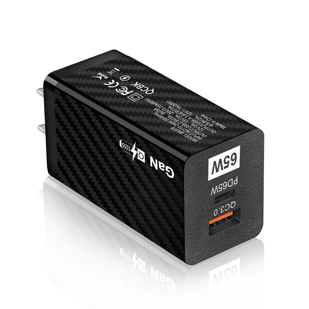 65W GaN universal laptop charger in white or black with compact dimensions and USB-C PD port