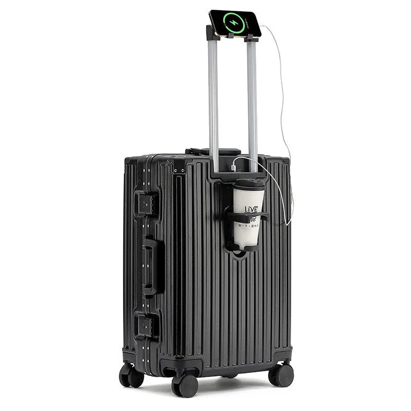 Aluminium frame hard shell ABS PC suitcase in avocado green with universal wheels.