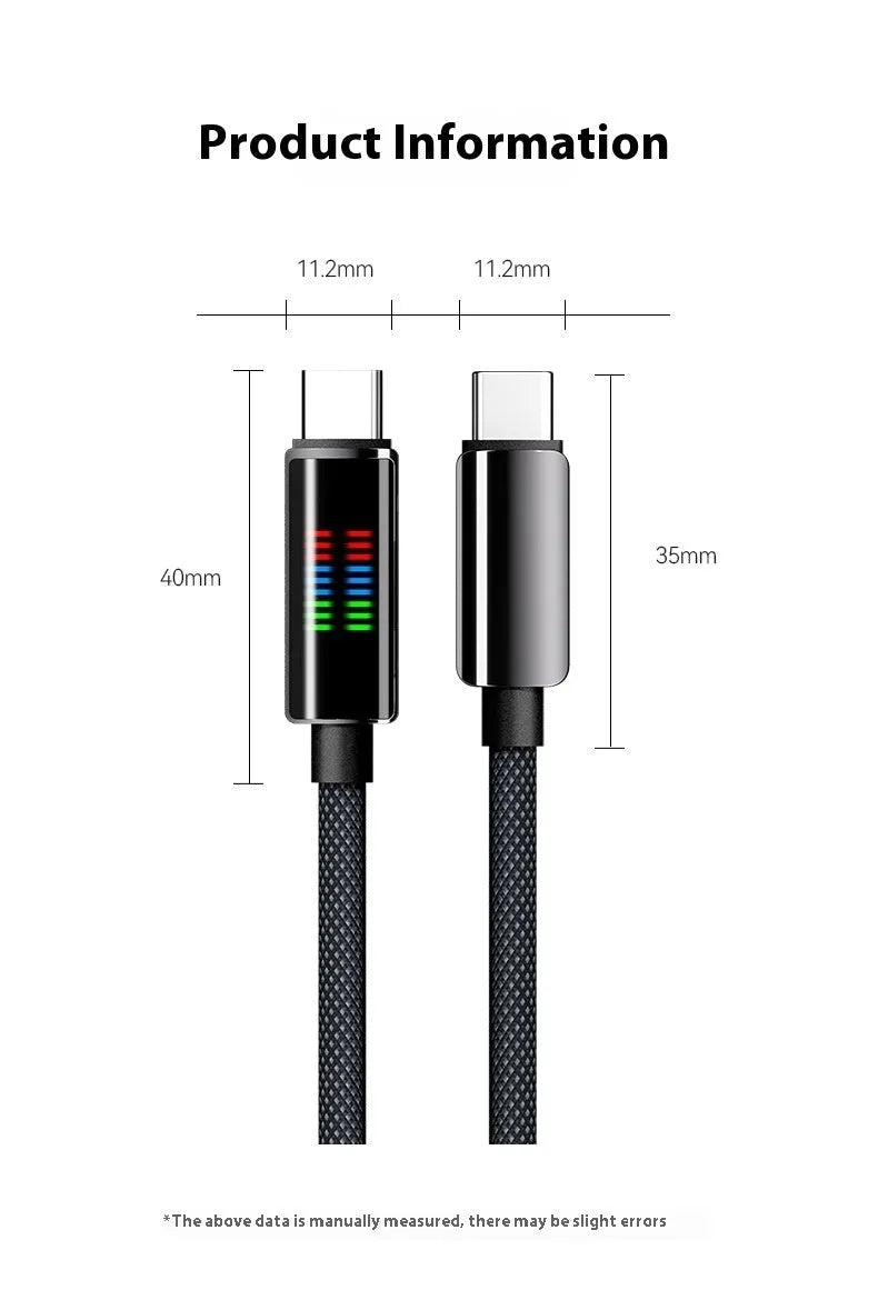240W super fast charge Type-C woven cable with smart horse running light LED display in black, 1.2m length