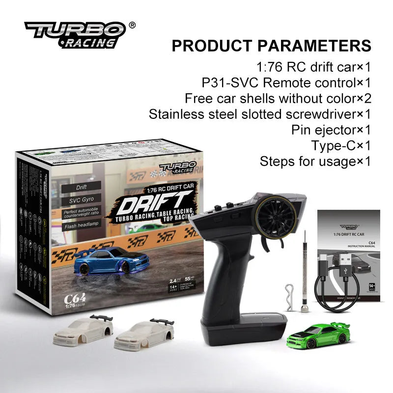 Blue and green Turbo Racing C64 remote control drift cars with handle-style remote controllers