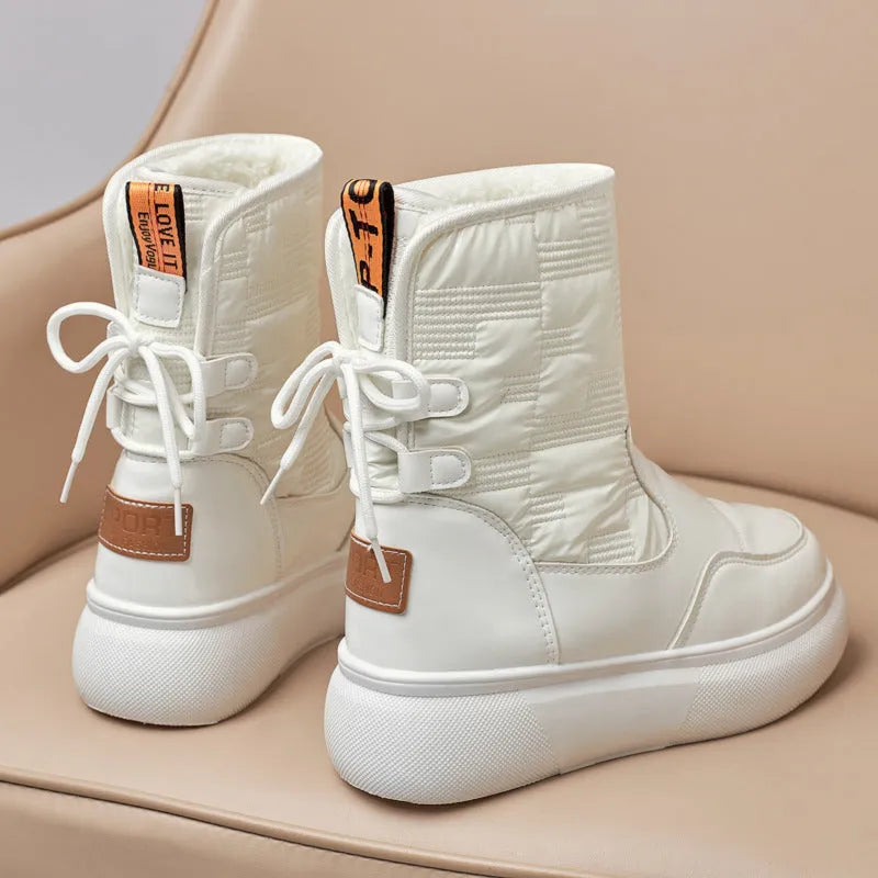 Women's flat-bottomed thick-soled ankle boots in white with velvet cotton finish, round toe, and rubber sole