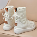 Women's flat-bottomed thick-soled ankle boots in white with velvet cotton finish, round toe, and rubber sole
