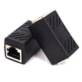 Black RJ45 female-to-female Ethernet cable extender coupler.