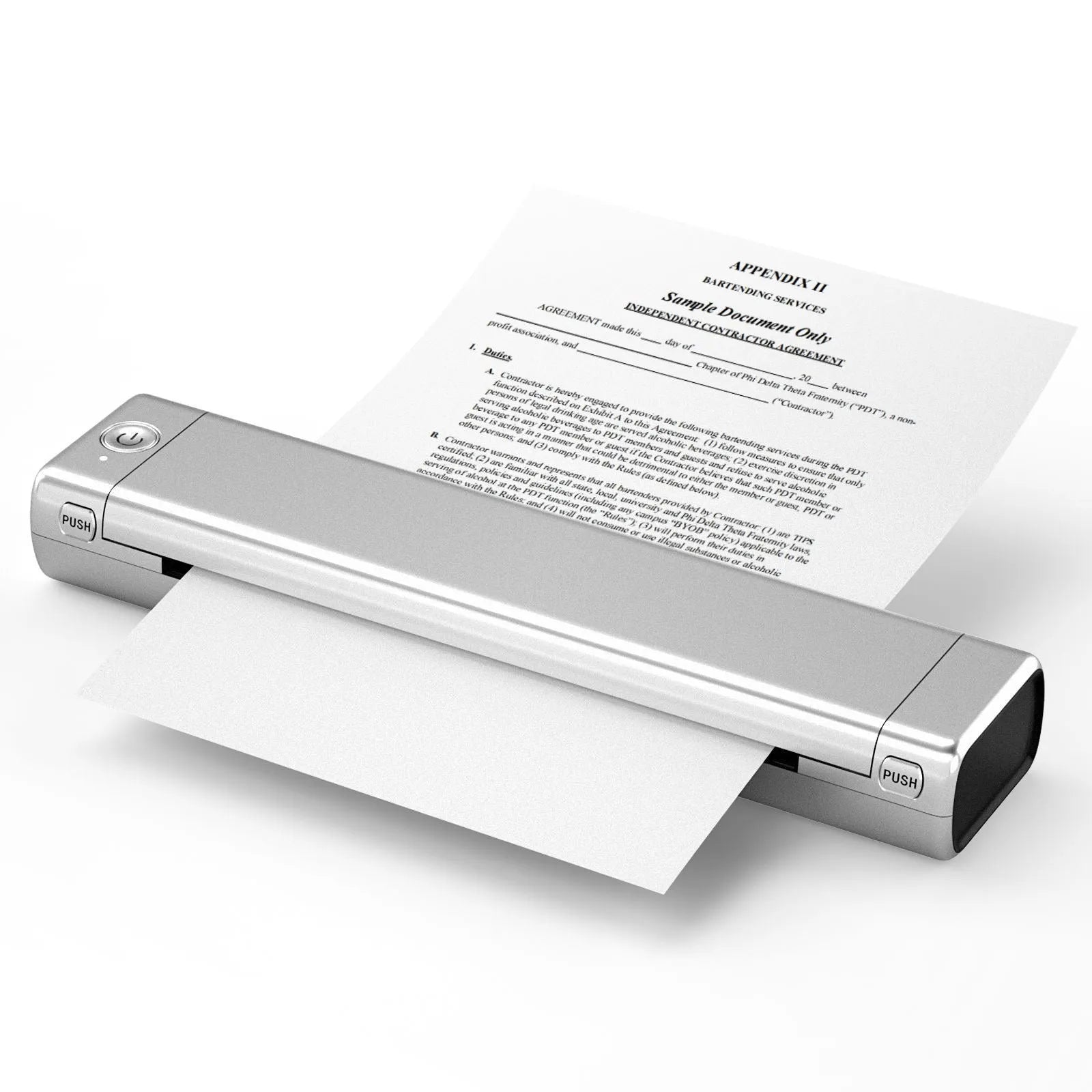 Phomemo M08F white A4 portable thermal printer with USB cable on a wooden desk