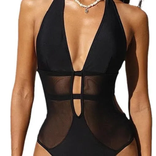 Black women's V-neck one-piece swimsuit with mesh hanging neck detail for swimming sports
