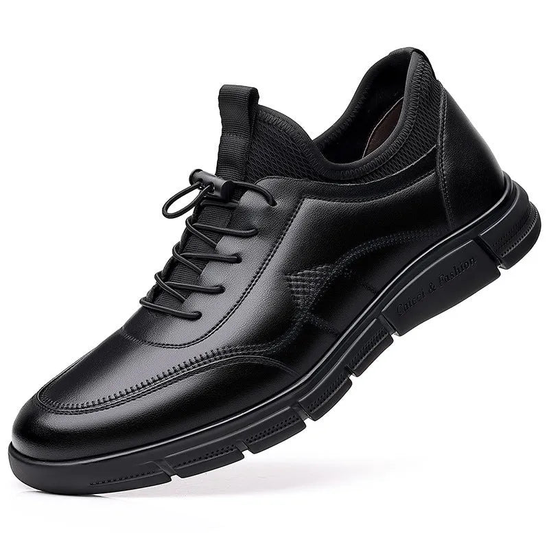 Black men's casual business shoes with round toe and leather stitching details