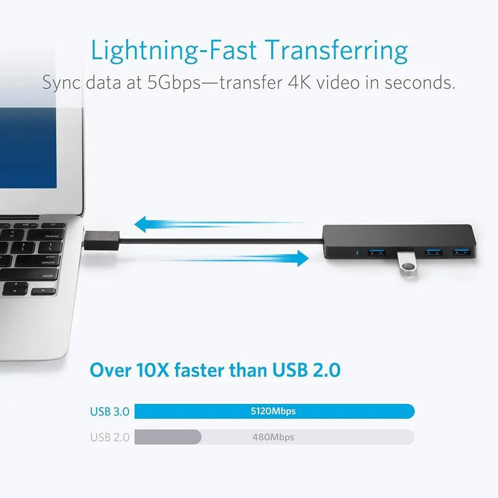 USB 3.0 hub with four ports, LED indicators, and 30cm cable for computer connectivity expansion