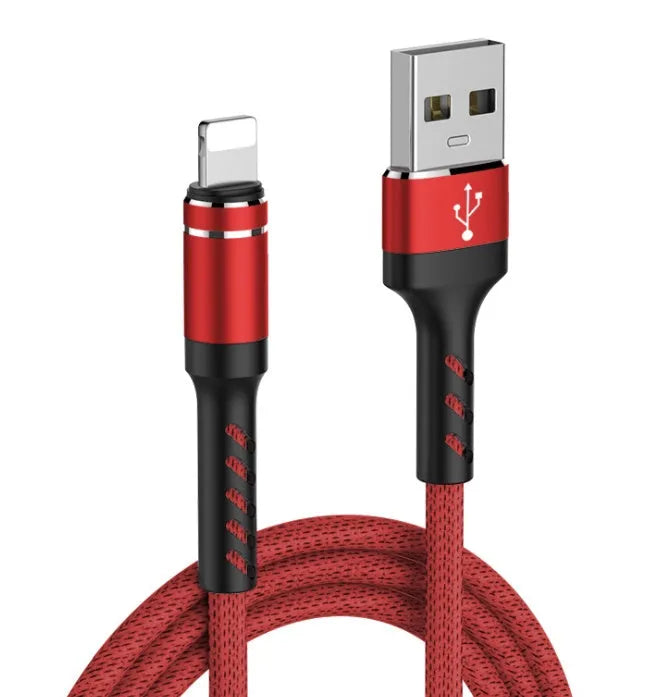 Nylon braided USB cable with aluminium connector, 1m, fast charging 3A, in black red and pink