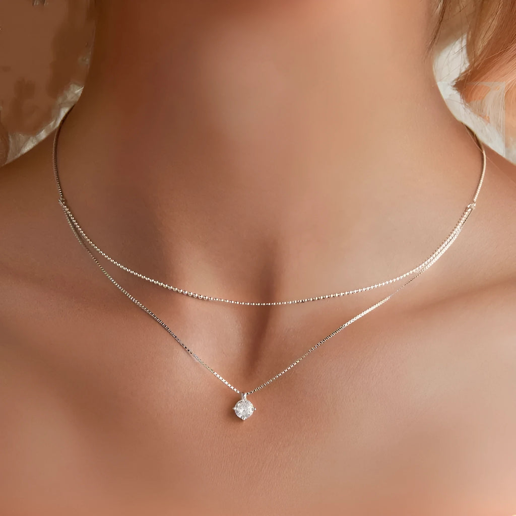 S925 sterling silver double-layer pearl chain necklace with silver pendant for women