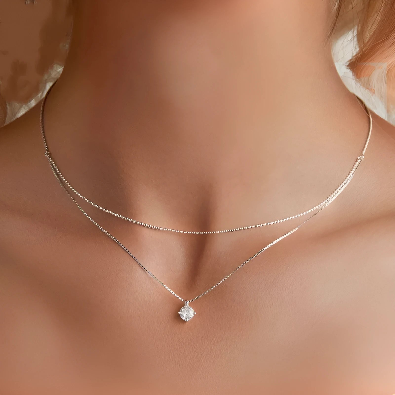 S925 sterling silver double-layer pearl chain necklace with silver pendant for women