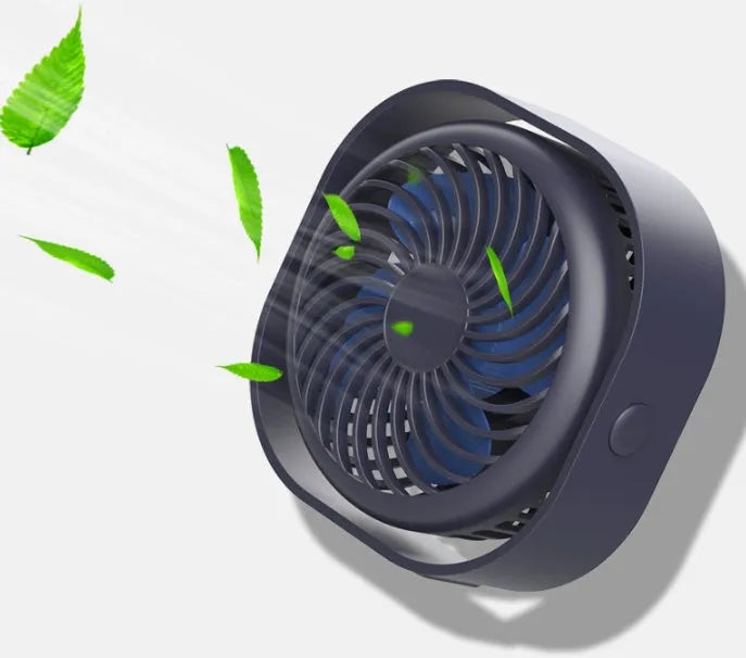 USB-powered alarm clock fan in blue with 360-degree rotating head on a desk.