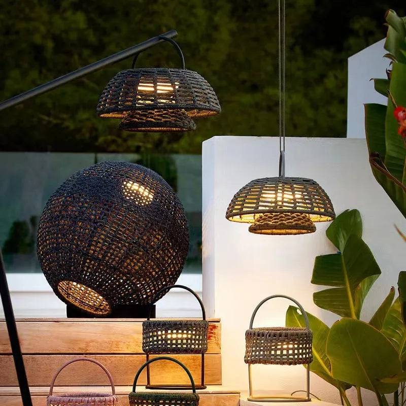 Outdoor chandelier garden lamp, 25cm stainless steel LED 5W IP65 plug-in, Rattan Colour or Taupe
