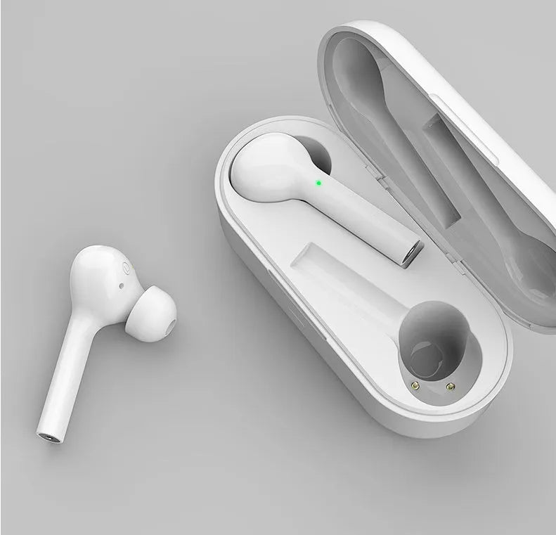 Black and white Bluetooth wireless in-ear headphones with touch controls and charging case