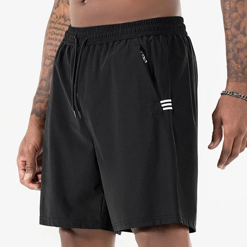 Men's black Ice Silk quick-drying sports shorts with high waist and drawstring closure