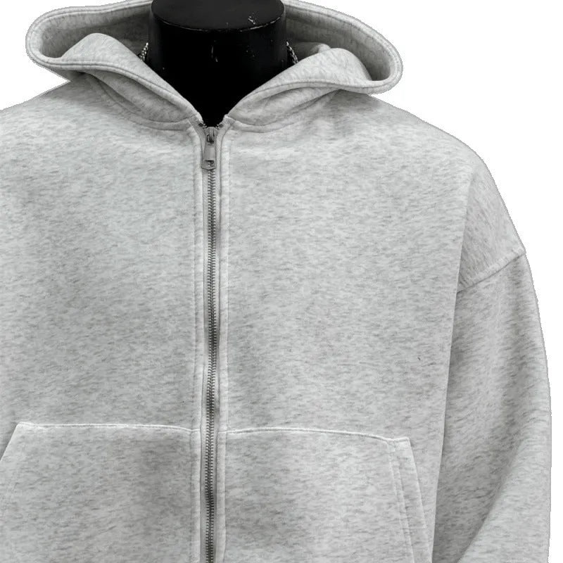 Light grey men's hoodie with a schoolbag design on the back, showing the hood and front zip.