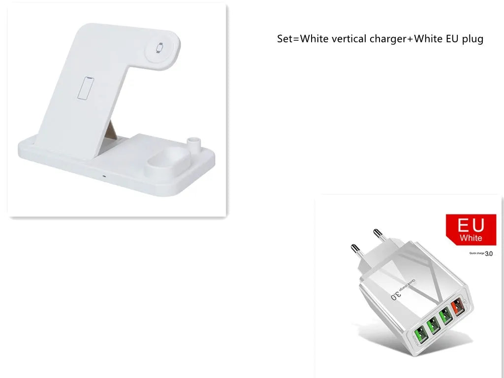 4-in-1 adjustable wireless charging station charging a phone, Apple Watch, and AirPods.