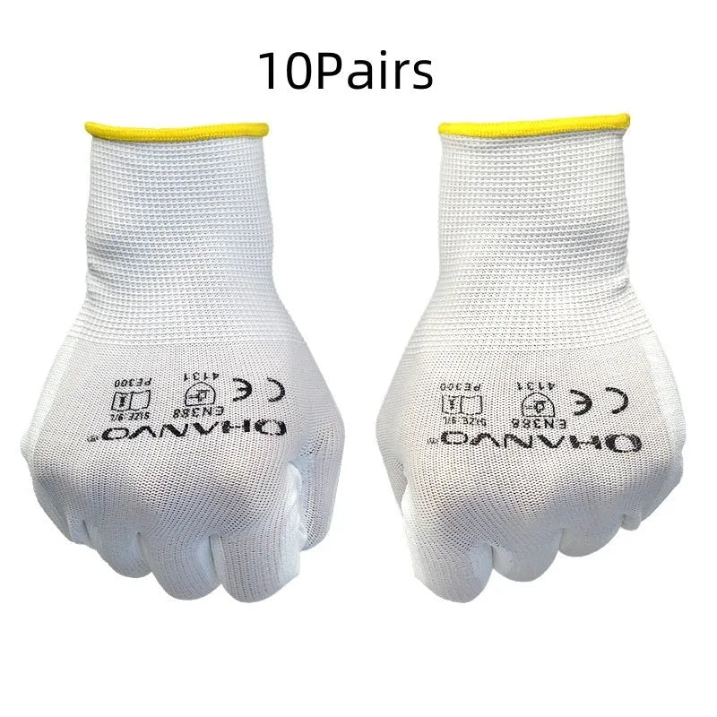 White PU coated labour gloves showing cotton backing and palm coating with 24cm length measurement