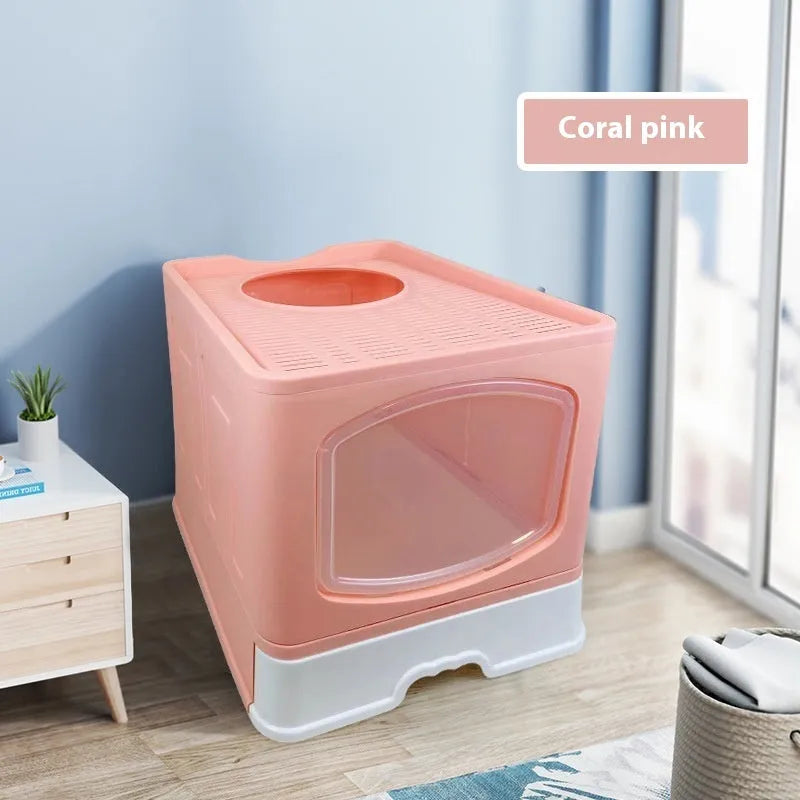 Folding fully enclosed cat litter box in blue, pink, or grey, 51x41x44cm, made from ABS and PP.