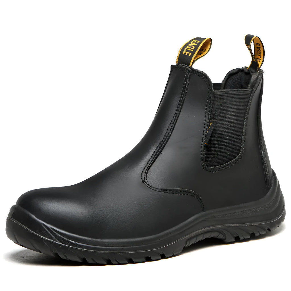 Black leather high-top safety work boots with anti-piercing sole protection.