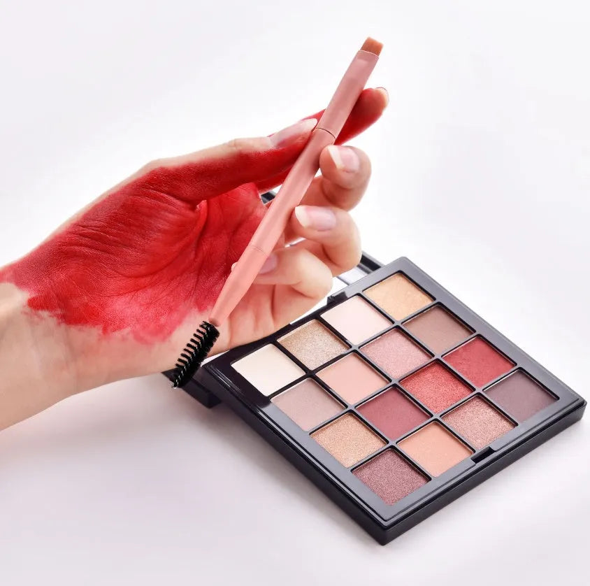 Ten professional makeup brushes with wooden handles including powder, foundation, and double-ended brushes.