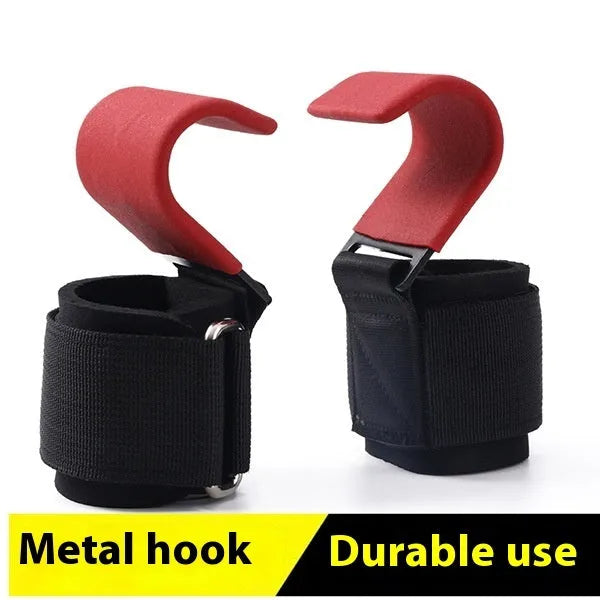 Pull-up grip hook with coated steel hook and rubber nylon buckle, 37.5cm by 8cm, for pull-ups and back training