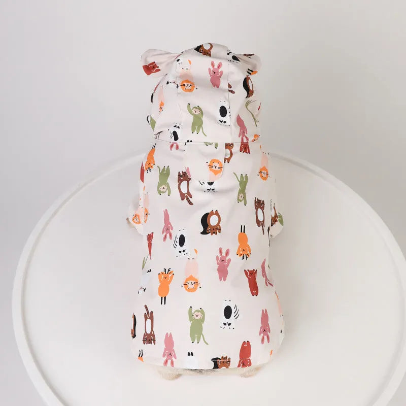 Beige cartoon dog raincoat with waterproof PU coating in small animal or cat head design