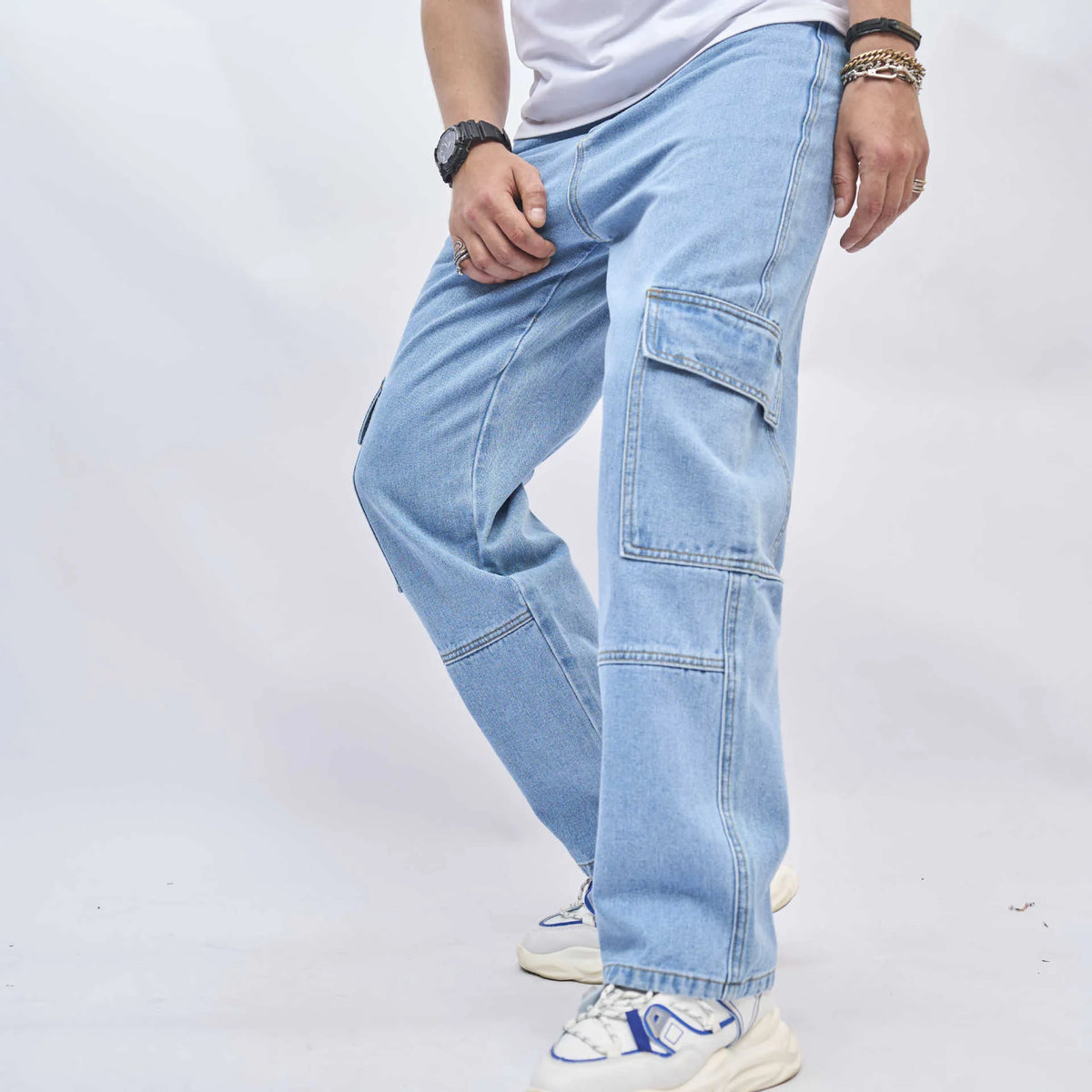 Men's American style loose fit blue cotton jeans mid waist denim trousers