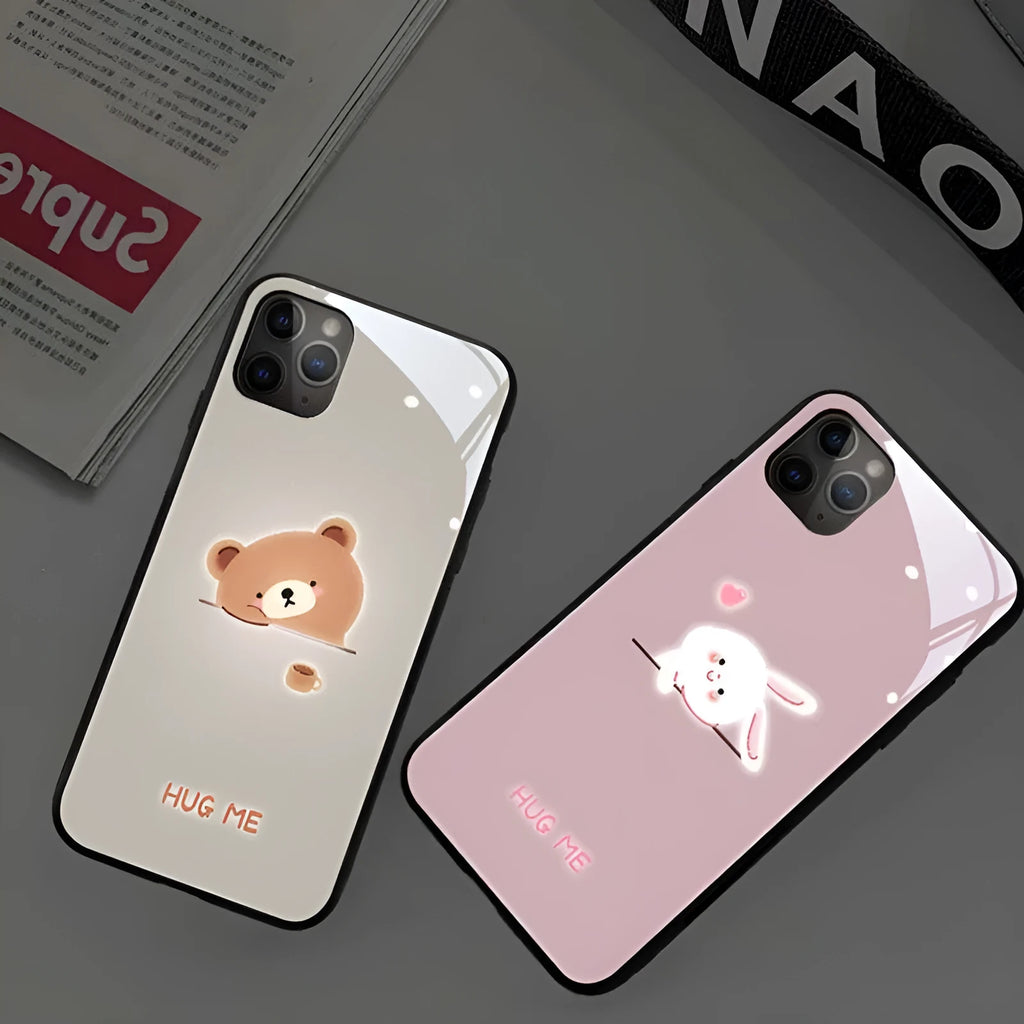 LED light up iPhone case with tempered glass back, cartoon design, glows for calls and messages, available in six colours.