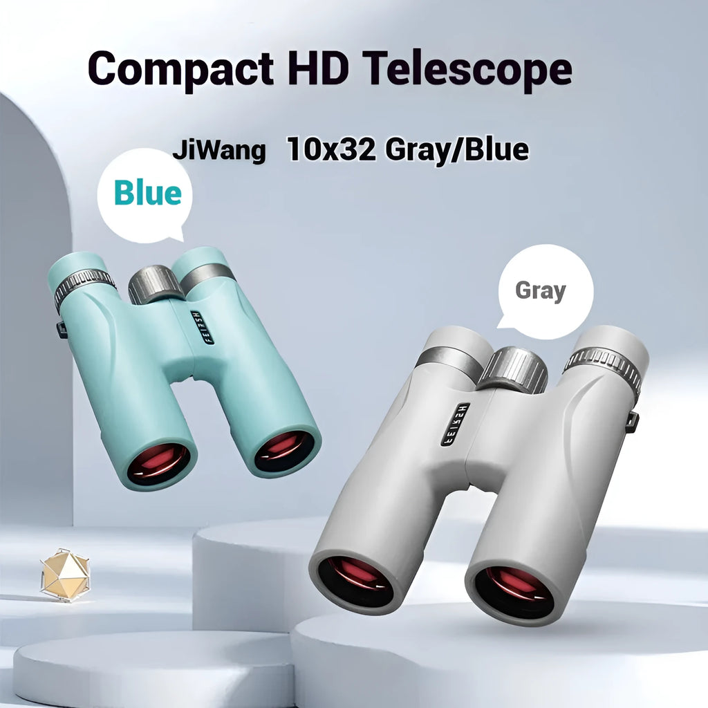 Blue and grey compact 10x32 binoculars with wine red film imaging on a table, showing 112mm size.